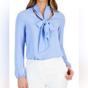 Kasper Women’s Long Sleeves Bow Blouse Light Blue Sz L NWT